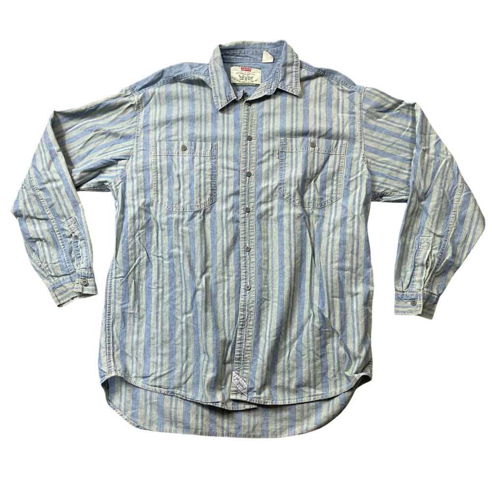 Levis Vintage Blue Stripe Large Long‎ Sleeve Button Up 100% Cotton Shirt